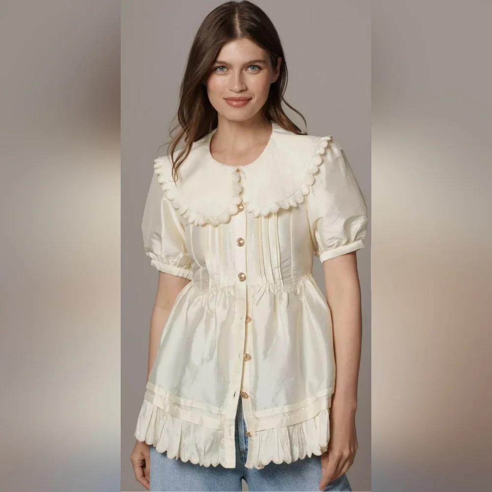 MAEVE Puff Sleeve Collared Babydoll Blouse - Picture 2 of 3